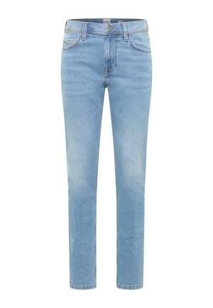 Helerohelised kitsad teksad, ees nupud ja lukk, viis taskut ja vööaasad, valgel taustal eksponeeritud.