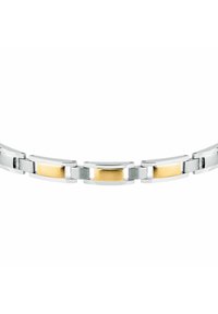 Bracciale d'argento con maglie lisce e arrotondate; presenta accenti dorati alternati a forma rettangolare. Finitura lucida, design minimale.