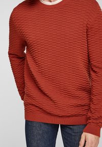 Sweter o teksturze w kolorze rdzy z prążkowanym wzorem, z dekoltem typu crew neck i dopasowanymi mankietami. W połączeniu z ciemnoniebieskimi jeansami.