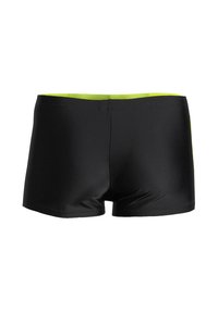 Schwarze Badehüften mit glatter Textur, ausgestattet mit einem leuchtend grünen Bund. Das Design ist minimalistisch, ohne sichtbare Muster oder Metallteile.