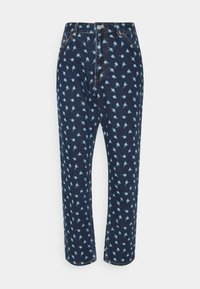 Jean en denim bleu foncé avec un imprimé floral bleu clair, style cinq poches, fermeture à bouton et coupe droite.