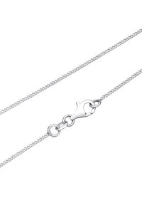 Srebrny łańcuszek z teksturowanym, plecionym wzorem. Posiada zapięcie w kształcie karabińczyka oraz okrągłe ogniwa umożliwiające regulację długości.