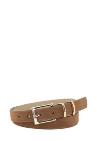 Brown suede belt with rectangular gold buckle and two gold belt loops, rolled on a white background.