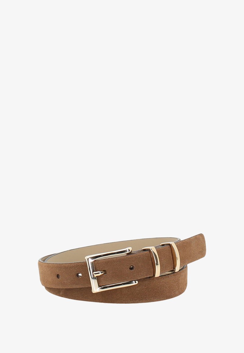 Brown suede belt with rectangular gold buckle and two gold belt loops, rolled on a white background.