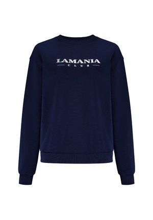 Granatowy sweatshirt z bawełnianej mieszanki, z okrągłym dekoltem, długimi rękawami i białym napisem "LAMANIA CLUB" na klatce piersiowej.
