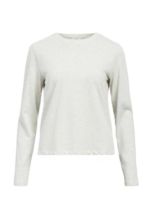 Chemise à manches longues gris clair avec col rond, ourlet droit et coupe décontractée, présentée sur fond blanc.