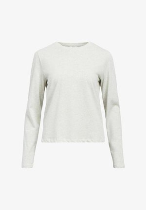 Chemise à manches longues gris clair avec col rond, ourlet droit et coupe décontractée, présentée sur fond blanc.