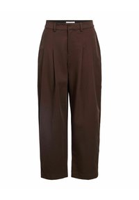 Pantaloni marroni a vita alta, plissettati, con un design a gamba larga. Presentano passanti per cintura e una texture liscia per un aspetto su misura.
