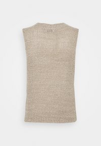 Beige gestricktes ärmelloses Top mit strukturierter Oberfläche, ausgestattet mit einem Rundhalsausschnitt und gerippten Kanten. Rückansicht gezeigt, keine weiteren Details.