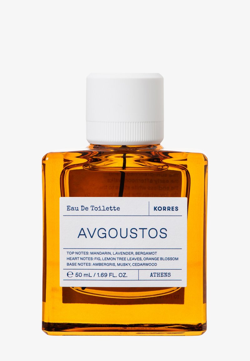 Amberkleurig glazen flesje van Korres Avgoustos Eau De Toilette, 50 ml, met witte dop en label waarop mandarijn, lavendel, vijg en ambergris worden vermeld.