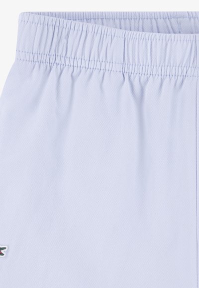 Shorts de sport bleu clair avec une taille élastique, en tissu texturé et un petit logo sur le bas gauche.