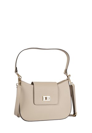 Beige leather shoulder bag with flap closure and gold-tone rectangular lock, adjustable straps, and pebbled texture.