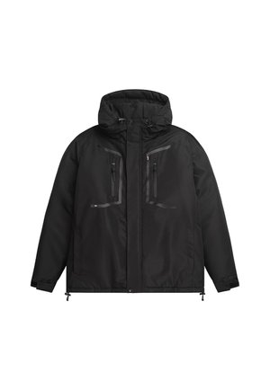 Black insulated jacket with a hood, featuring two zippered chest pockets, adjustable drawcords, and elastic cuffs for a secure fit.