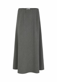 Une jupe de longueur mi-longue en tissu texturé gris foncé avec une taille élastique et une silhouette lisse et fluide.