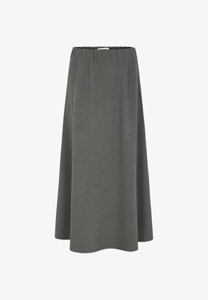 Ein Midilängen-A-Linien-Rock aus dunkelgrauem, strukturiertem Stoff mit elastischem Bund und einer sanften, fließenden Silhouette.