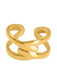 Gouden metalen ring met een verweven design, met vloeiende lijnen en een gepolijste textuur. Geen edelstenen of extra versieringen.