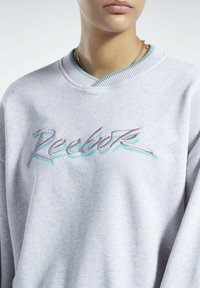 Grå sweatshirt med rund hals och turkosa detaljer samt en texturerad logga i lila och teal. Mjuk tygkvalitet med avslappnad passform.