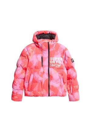 Doudoune de couleur rose vif avec des motifs abstraits. Dotée d'une capuche, d'une fermeture éclair à l'avant et d'un logo sur la poitrine. Texture douce et matériau chaud.