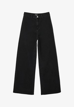 Pantalones de mezclilla negros de pierna ancha con una cintura alta, que cuentan con un cierre de botón y detalle de costura. Textura suave y diseño clásico.