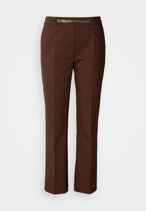 Brown tailored trousers with a smooth texture, featuring a gold chain accent at the waistband and straight leg design.