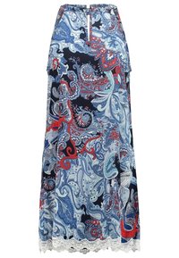 Jupe maxi navy avec un motif paisley bleu et rouge, ornée d'une bordure en dentelle à l'ourlet et d'une taille élastique pour un ajustement parfait.