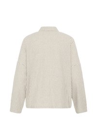 Chemise crème à manches longues avec fines rayures verticales noires et coupe décontractée, vue de dos.