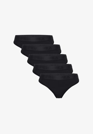 Vijf zwarte Fila merk slips schuin gestapeld, elk met een brede tailleband met reliëf Fila-logo's.