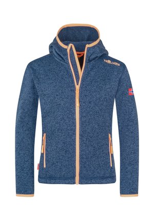 Blue fleece hooded jacket with orange zipper and trim, two front zip pockets, Norwegian flag patch on sleeve, and "Trollkids" logo on chest.