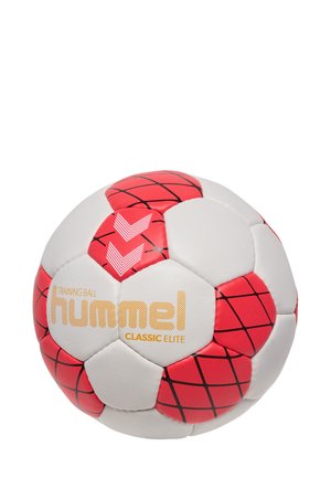 Træningsbold lavet af syntetisk materiale, med røde og hvide paneler, sort gittermønster og guld "hummel" logo med teksten "CLASSIC ELITE".