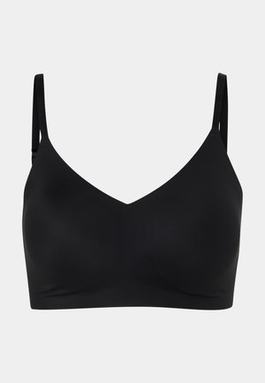 Soutien-gorge sans fil noir avec un design en V, bretelles réglables et tissu lisse et extensible. Construction sans couture sans rembourrage ni armature.