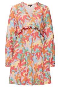 Robe colorée à manches longues avec un décolleté en V, un corps volanté et une jupe à volants avec un motif floral abstrait en rose, vert, orange et bleu.