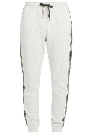 Light gray sweatpants with a drawstring waist, two side pockets, and black stripes along the outer seams. Soft fabric with a smooth texture.
