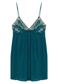Teal sleeveless dress with a V-neck, featuring detailed embroidery and beadwork along the neckline, and a flowing skirt.
