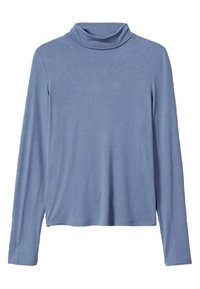 Long-sleeve turtleneck top in soft, lightweight blue fabric. Features a folded collar and a relaxed fit with a straight hemline.