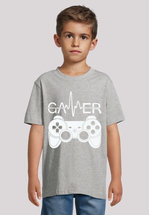 Gray cotton t-shirt featuring a white game controller graphic and heartbeat line. Short sleeves and a crew neck design.