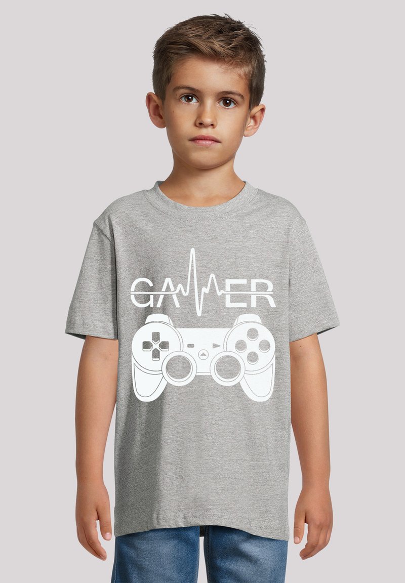 Gray cotton t-shirt featuring a white game controller graphic and heartbeat line. Short sleeves and a crew neck design.