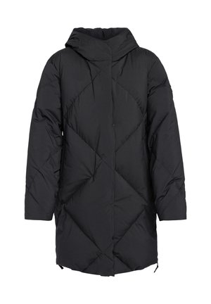 Abrigo acolchado negro con capucha, que presenta un patrón geométrico acolchado y cremalleras laterales. El diseño es holgado y resistente a la lluvia.