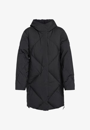 Czarna kurtka puchowa z kapturem, z geometrycznym pikowaniem i bocznymi zamkami. Krój jest luźny i odporny na deszcz.