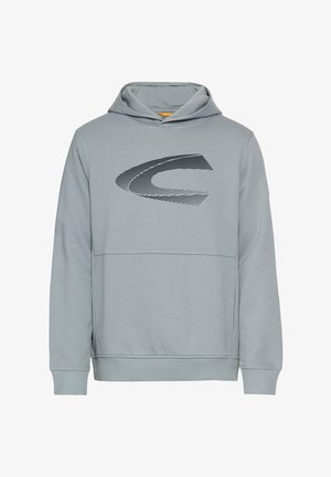 Hellgrau Hoodie mit einem schwarz gestreiften Logo auf der Vorderseite, einer Kängurutasche und gerippten Bündchen und Saum. Weicher Stoff.