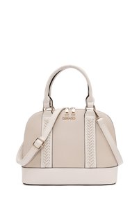 Borsa a mano strutturata beige con dettagli intrecciati, texture liscia, accessori in oro, manici doppi e una tracolla rimovibile.