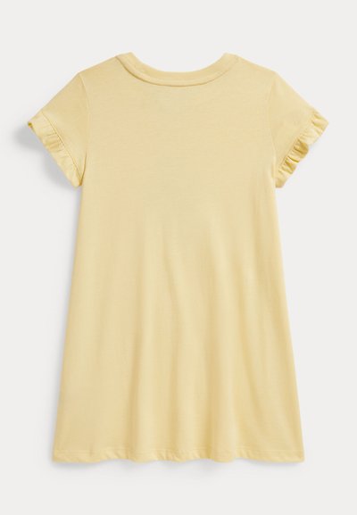Κίτρινο βαμβακερό φόρεμα με κοντά μανίκια με βολάν, στρογγυλή λαιμόκοψη και άνετη εφαρμογή. Λείο ύφασμα και το τελείωμα φτάνει πάνω από το γόνατο.