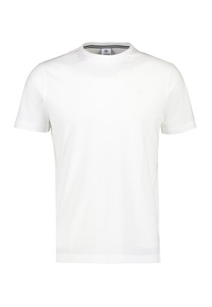 T-shirt blanc uni à manches courtes avec un col rond, arborant un petit logo brodé sur la poitrine gauche et une étiquette de marque à l'intérieur du col.