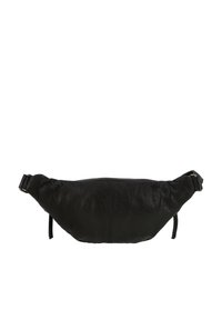 Sac banane en cuir noir avec une forme incurvée, surface texturée, sangle ajustable et fermeture éclair sur le dessus pour un rangement sécurisé.