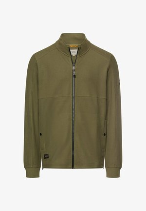 Olivgrüne Jacke mit durchgehendem Reißverschluss, Stehkragen, gerippten Bündchen, Seitentaschen mit Druckknöpfen und kleinem Markenlabel nahe dem Saum.