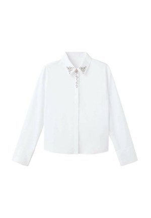 Biała krótka bluzka z długim rękawem, spiczastym kołnierzem i srebrnymi kwiatowymi zdobieniami na końcach kołnierza i listwie z guzikami.