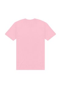 Roze katoenen T-shirt met korte mouwen, ronde hals en een gladde textuur. Geen zichtbare patronen of afbeeldingen; in één effen kleur.