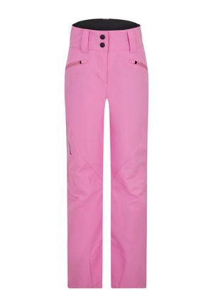 Roze skibroek met een recht model, gemaakt van waterdicht materiaal, met twee zijzakken met rits en een knoopsluiting.