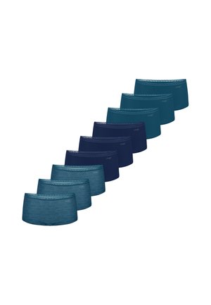 Dix culottes hipster pour femmes dans des tons de bleu, disposées en diagonale avec une bordure en dentelle le long des ceintures.