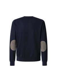 Granatowy sweter z długimi rękawami, ribbowymi mankietami i dwoma jasnoszarymi zamszowymi łatkami na łokciach z tyłu. Miękka tekstura i klasyczny design z okrągłym dekoltem.