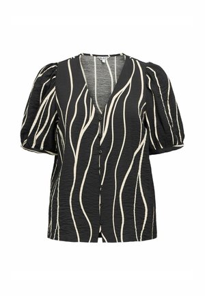 Schwarze kurzärmlige Bluse mit V-Ausschnitt, aus einem strukturierten Stoff und weißen wellenförmigen Streifen. Druckknopfverschluss vorne mit lockerer Passform.